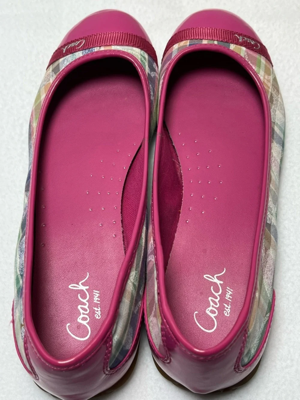Coach Pink Plaid Cap-Toe Ballet Flats with Logo Ribbon - Picture 11 of 13
